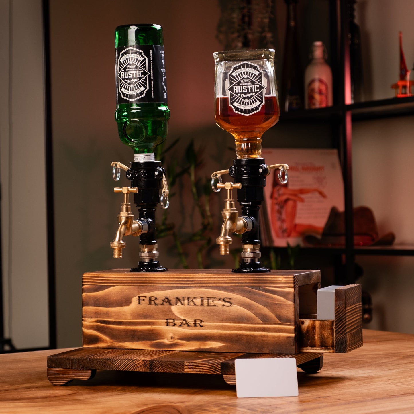 Dual-Tap Locked Liquor Dispenser with Hidden Drawer – Handmade Rustic Bar Unit (Card-Lock)