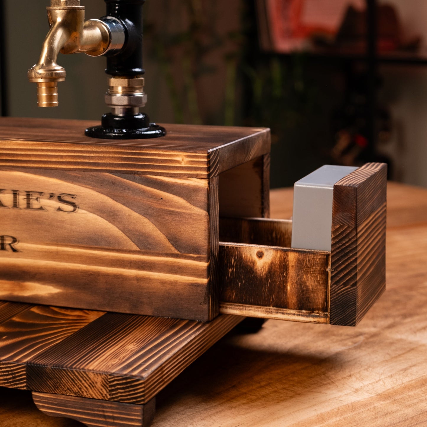 Dual-Tap Locked Liquor Dispenser with Hidden Drawer – Handmade Rustic Bar Unit (Card-Lock)