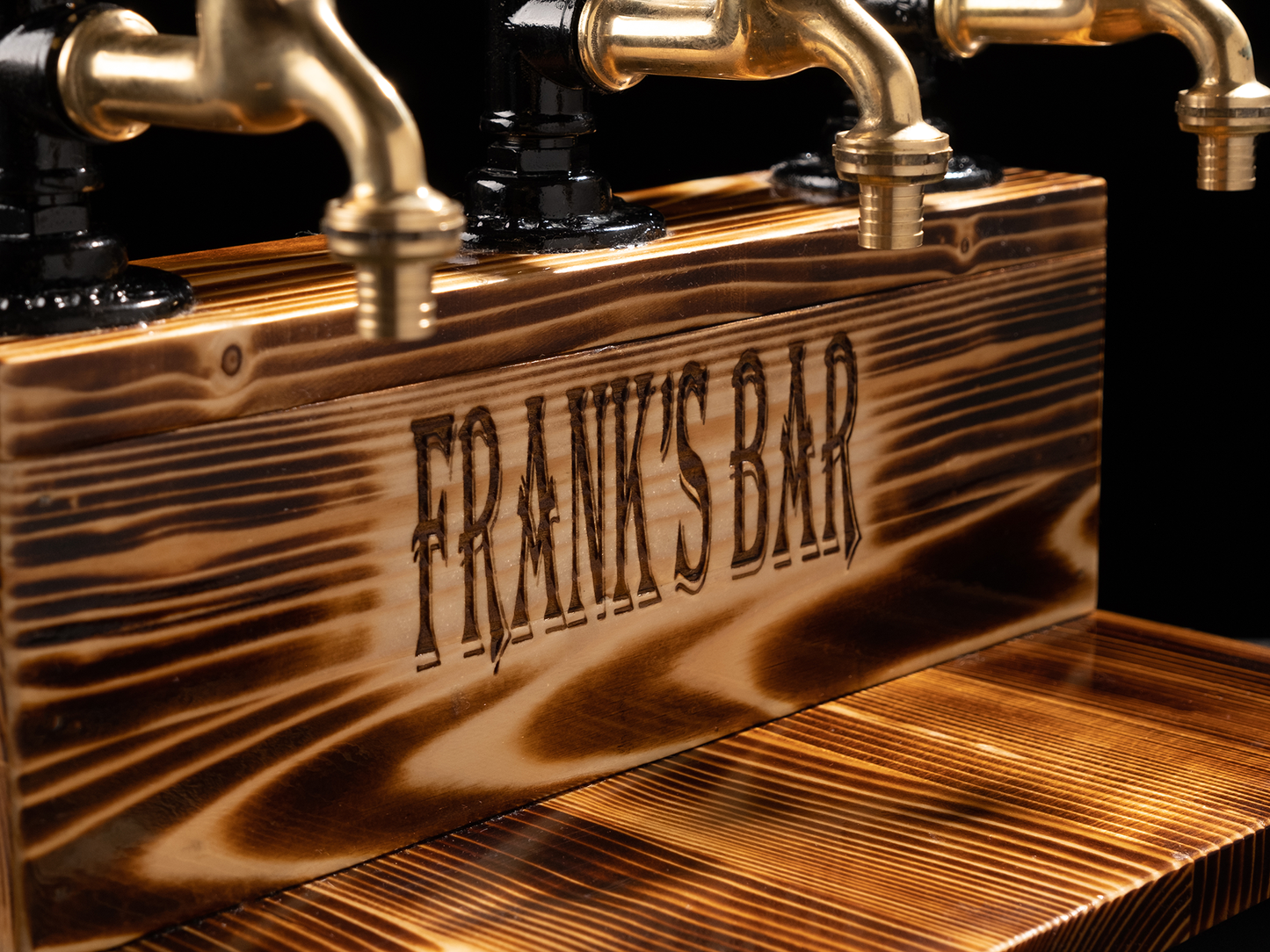wooden beer taps: "Wooden beer taps for a rustic bar experience."