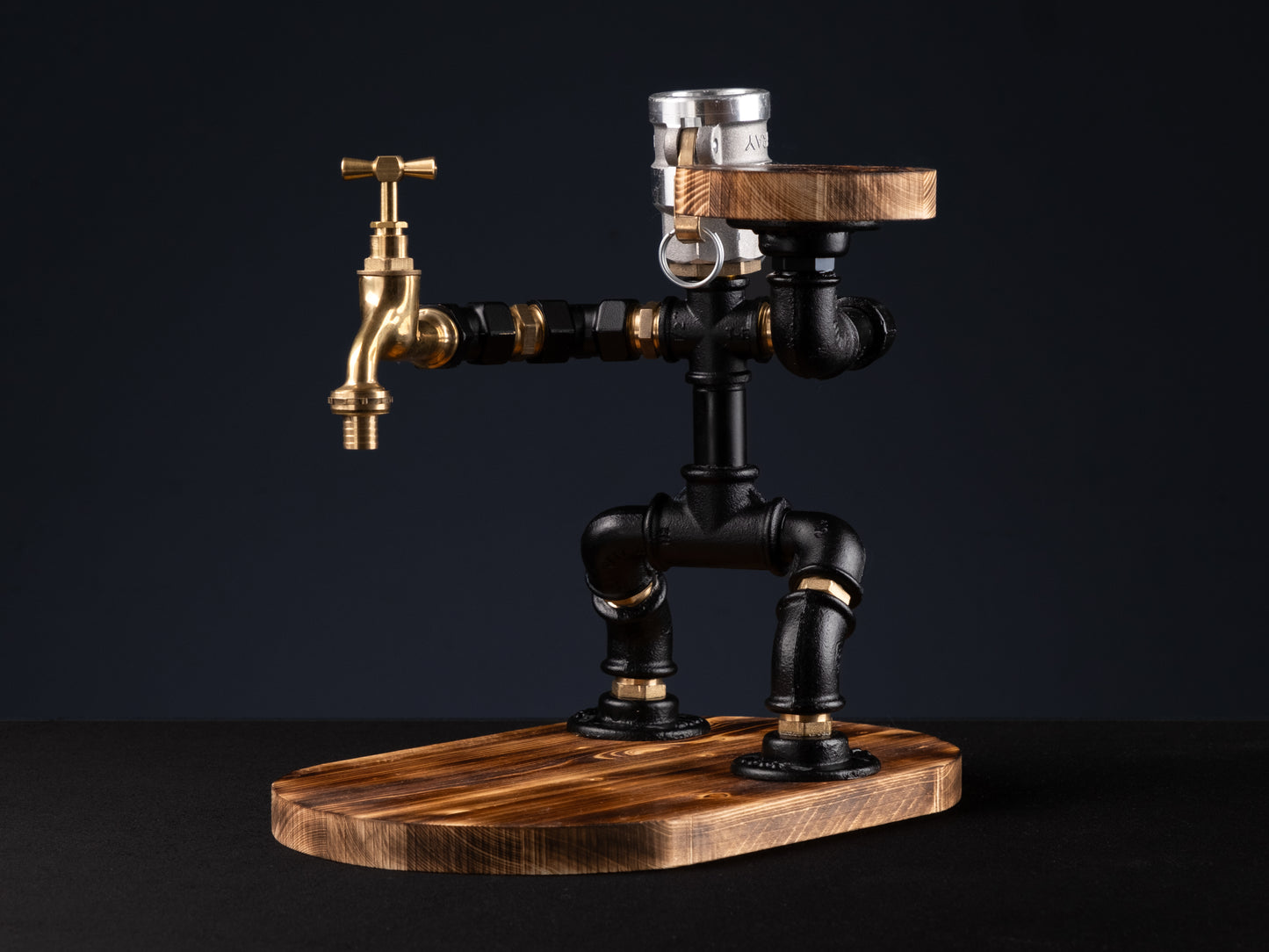 wooden beer taps: "Wooden beer taps for a rustic bar experience."
