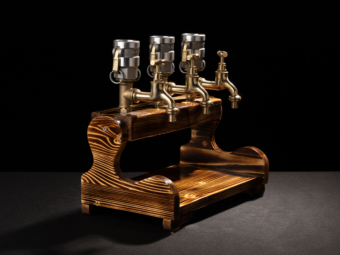 wooden beer taps: "Wooden beer taps for a rustic bar experience."
