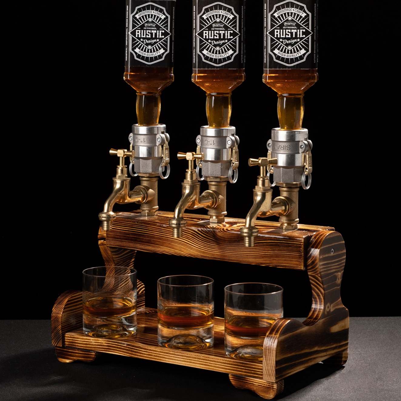 rustic bar taps: "Rustic bar taps perfect for a home bar setup."