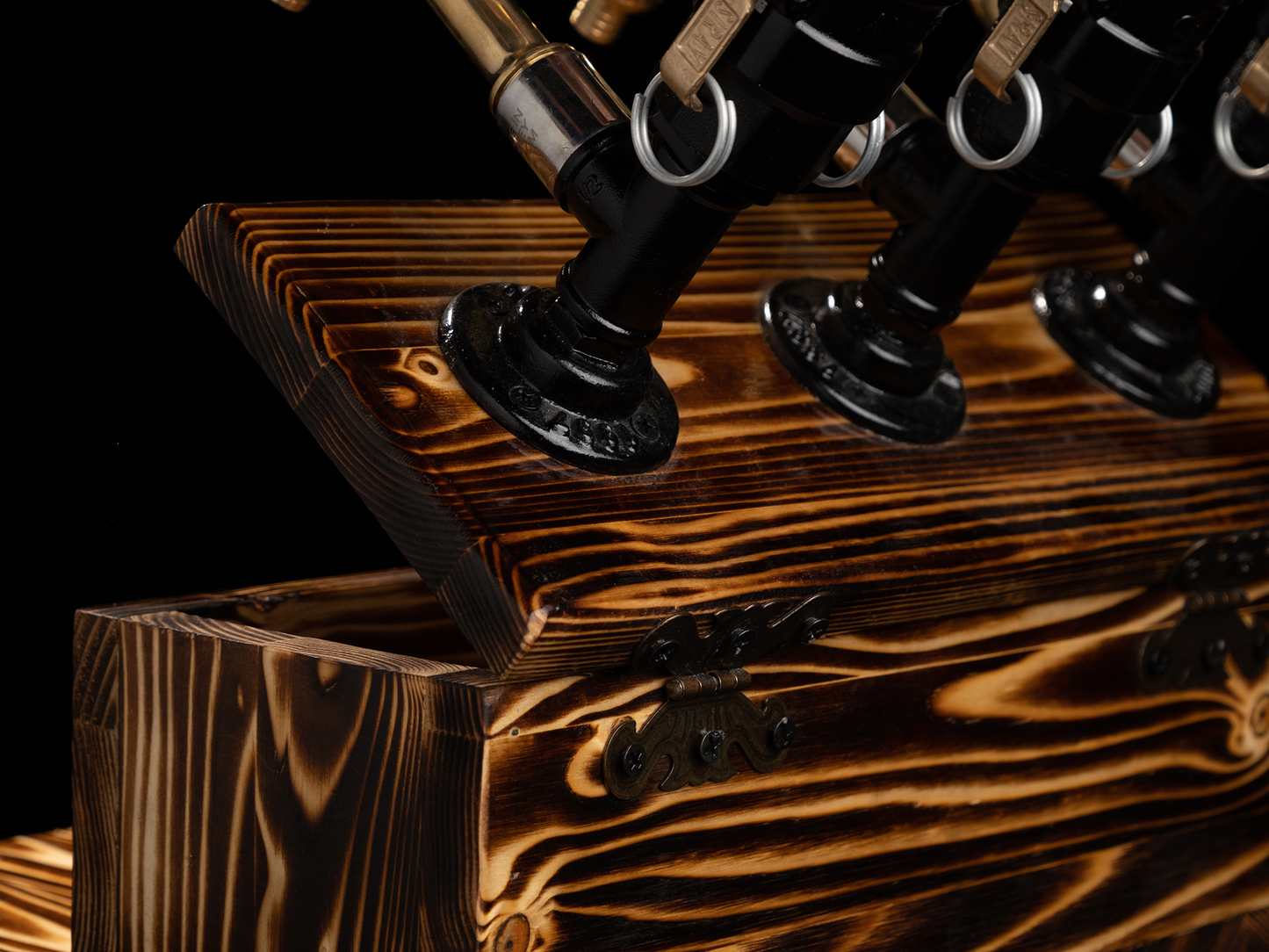 wooden beer taps: "Wooden beer taps for a rustic bar experience."