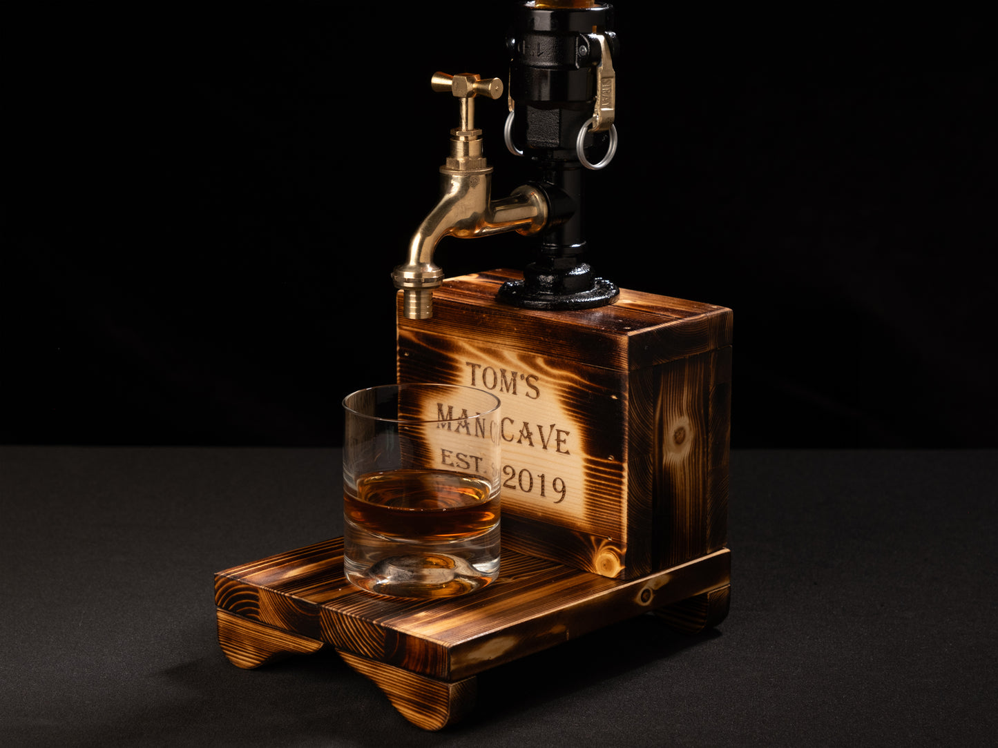 wooden beer taps: "Wooden beer taps for a rustic bar experience."