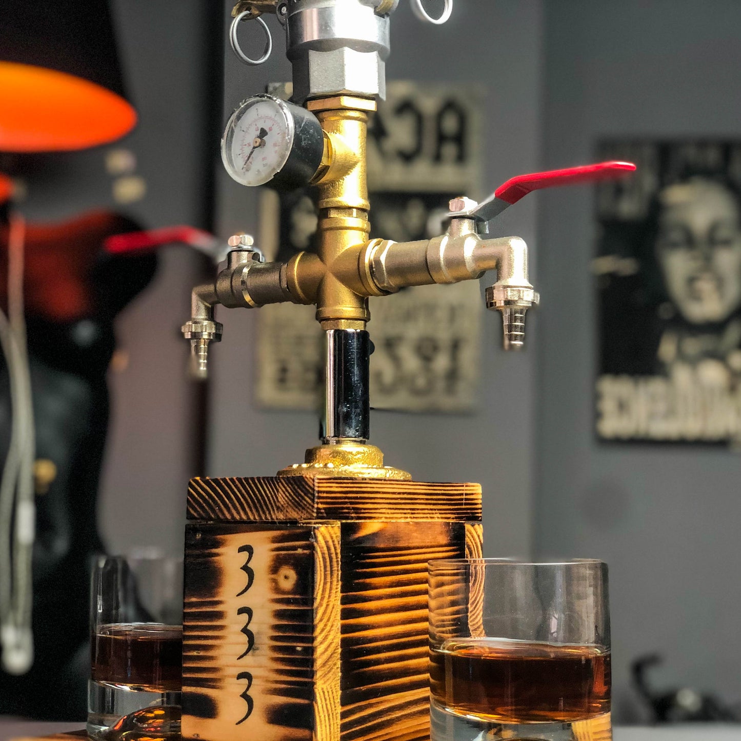 rustic bar taps: "Rustic bar taps perfect for a home bar setup."