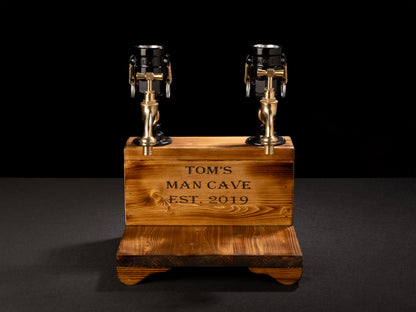 wooden beer taps: "Wooden beer taps for a rustic bar experience."