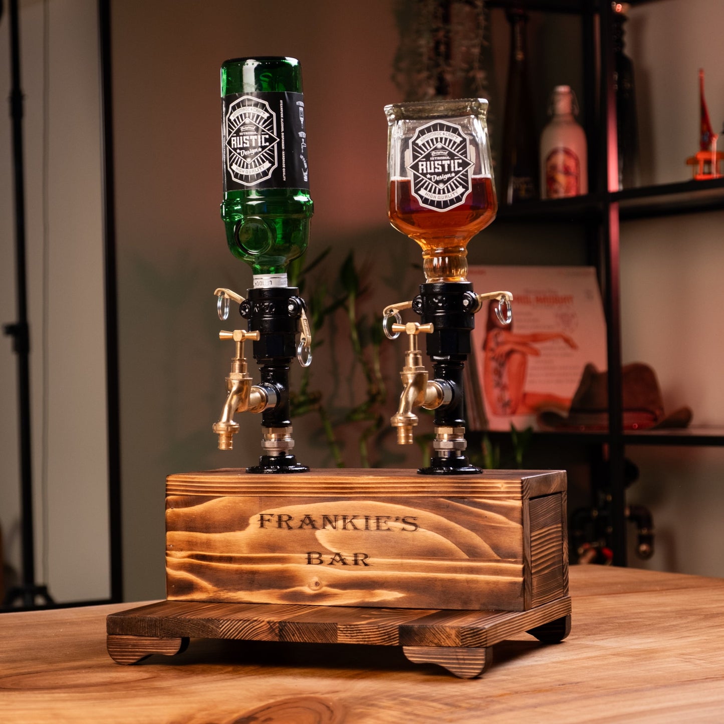 Dual-Tap Locked Liquor Dispenser with Hidden Drawer – Handmade Rustic Bar Unit (Card-Lock)