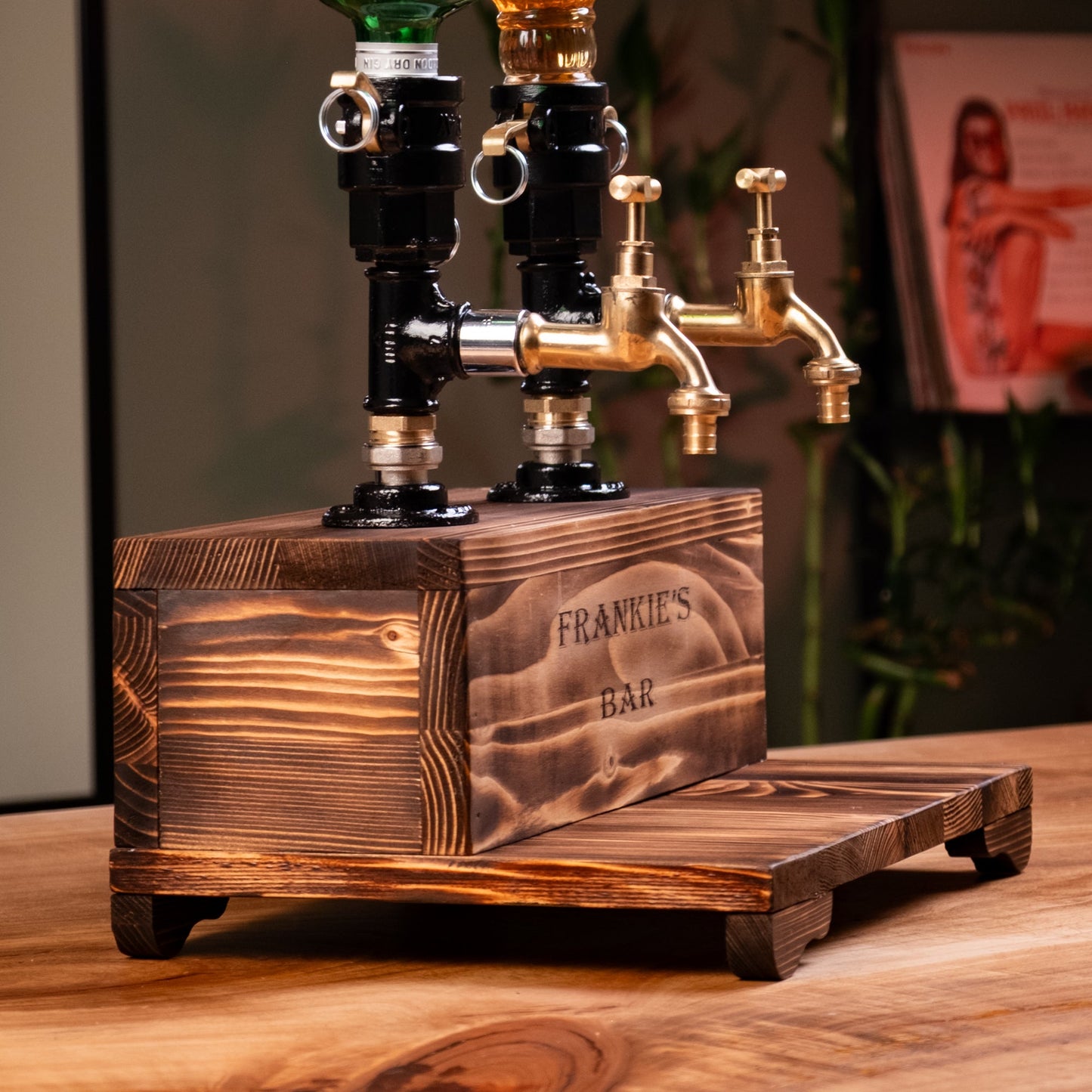 Dual-Tap Locked Liquor Dispenser with Hidden Drawer – Handmade Rustic Bar Unit (Card-Lock)