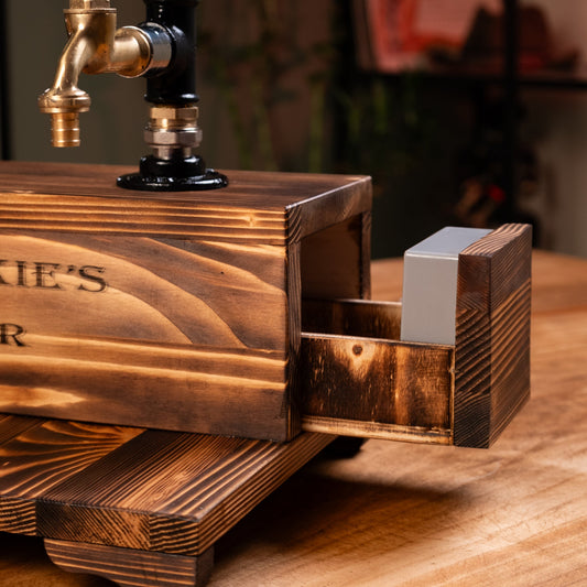 Dual-Tap Locked Liquor Dispenser with Hidden Drawer – Handmade Rustic Bar Unit (Card-Lock)