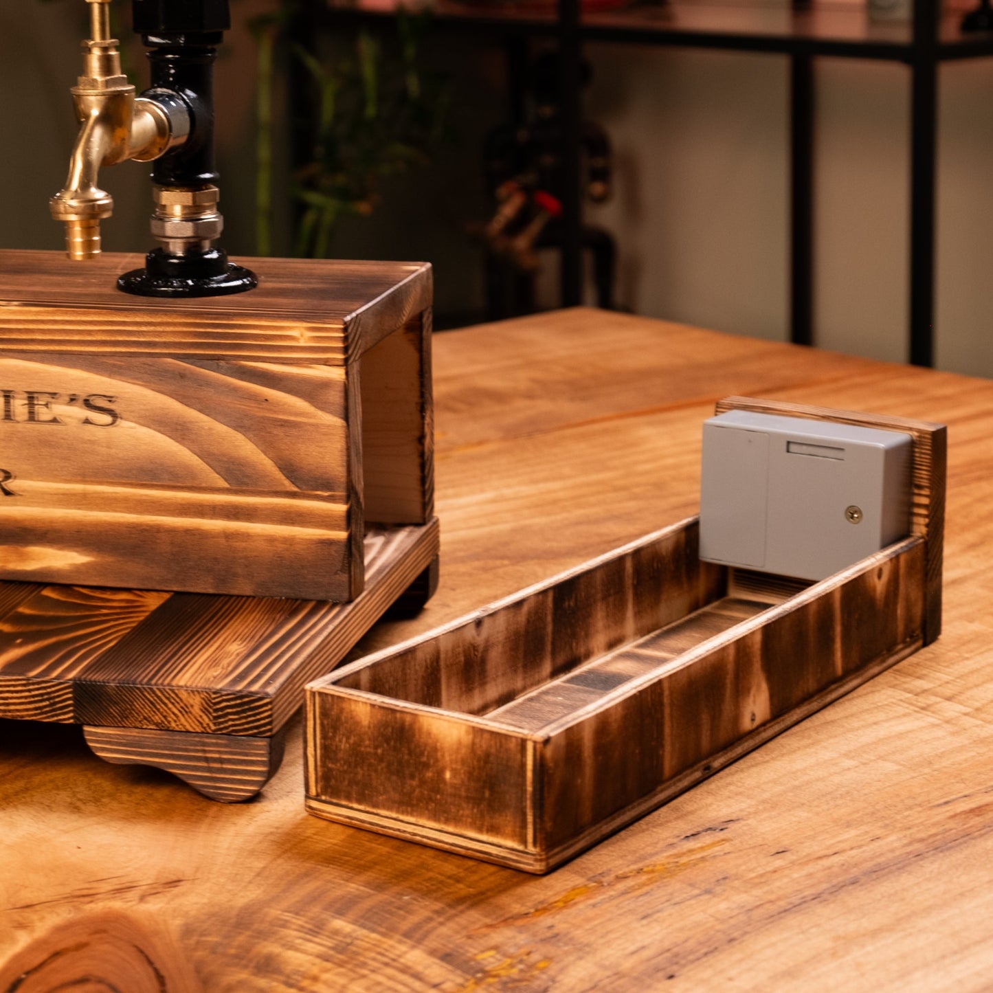 Dual-Tap Locked Liquor Dispenser with Hidden Drawer – Handmade Rustic Bar Unit (Card-Lock)