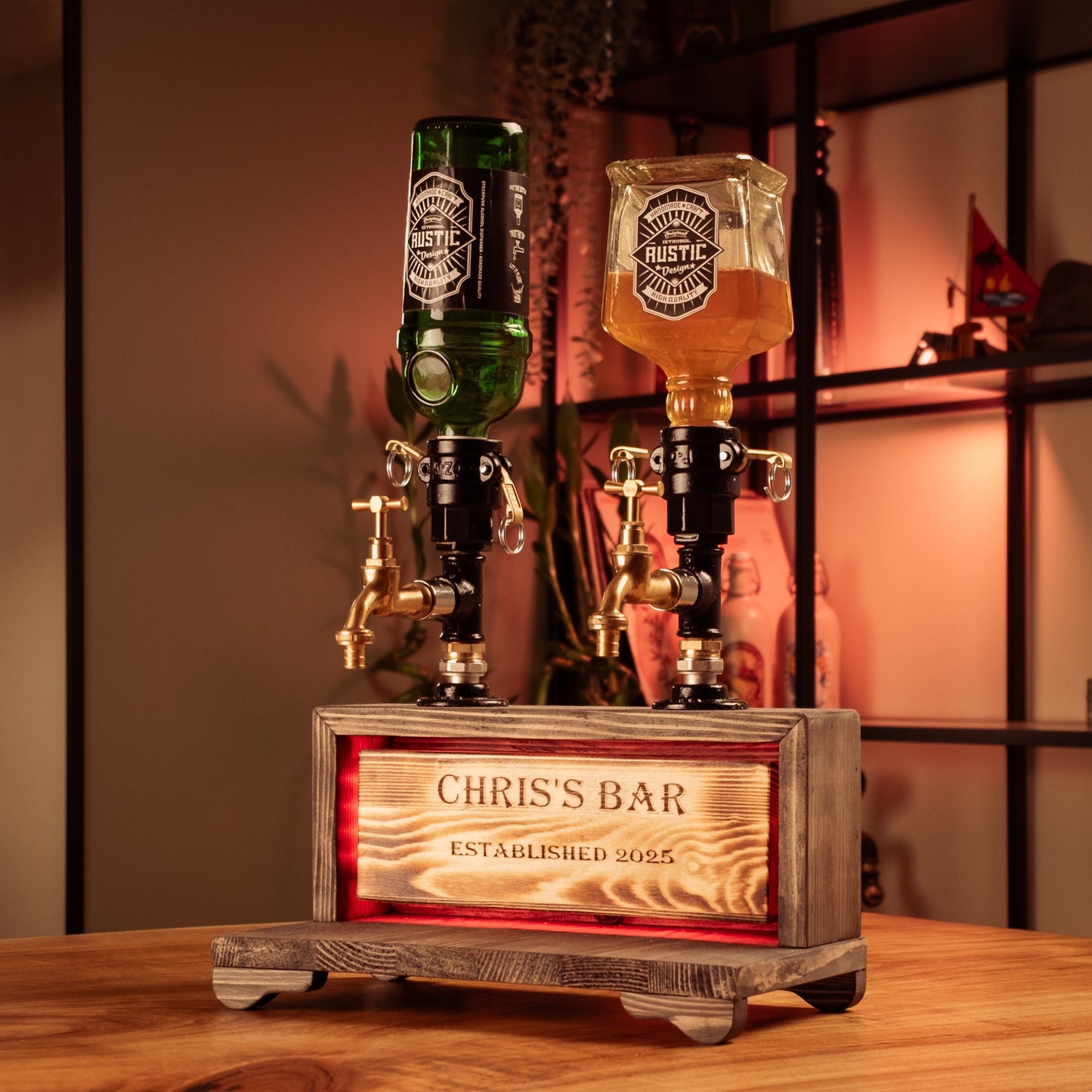 Dual-Tap Liquor Dispenser with LED Name Plate – Handmade Rustic (Personalized)