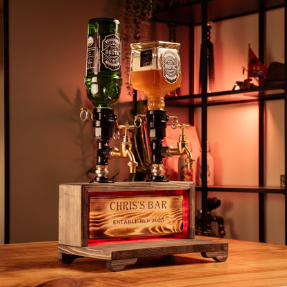 Dual-Tap Liquor Dispenser with LED Name Plate – Handmade Rustic (Personalized)