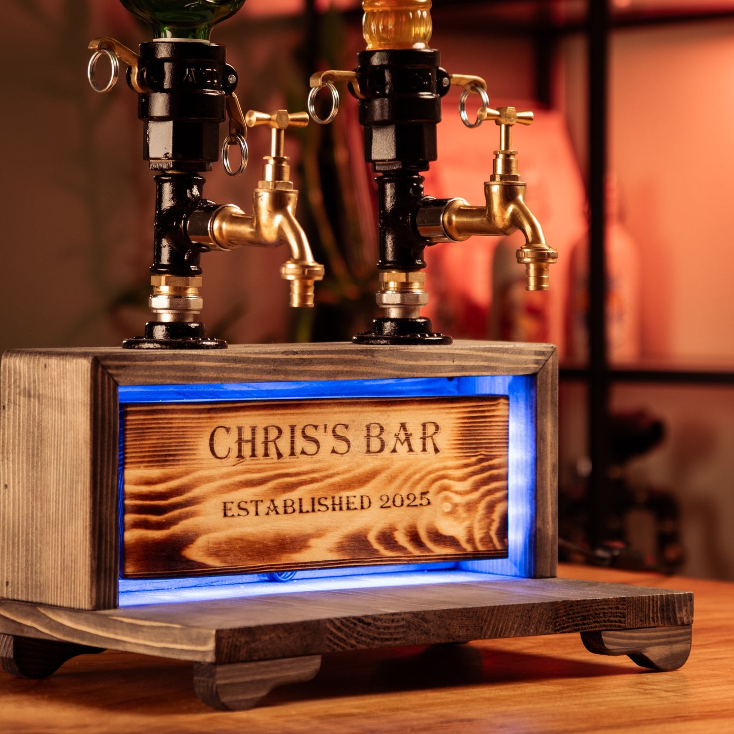 Dual-Tap Liquor Dispenser with LED Name Plate – Handmade Rustic (Personalized)