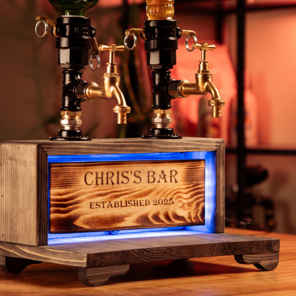 Dual-Tap Liquor Dispenser with LED Name Plate – Handmade Rustic (Personalized)