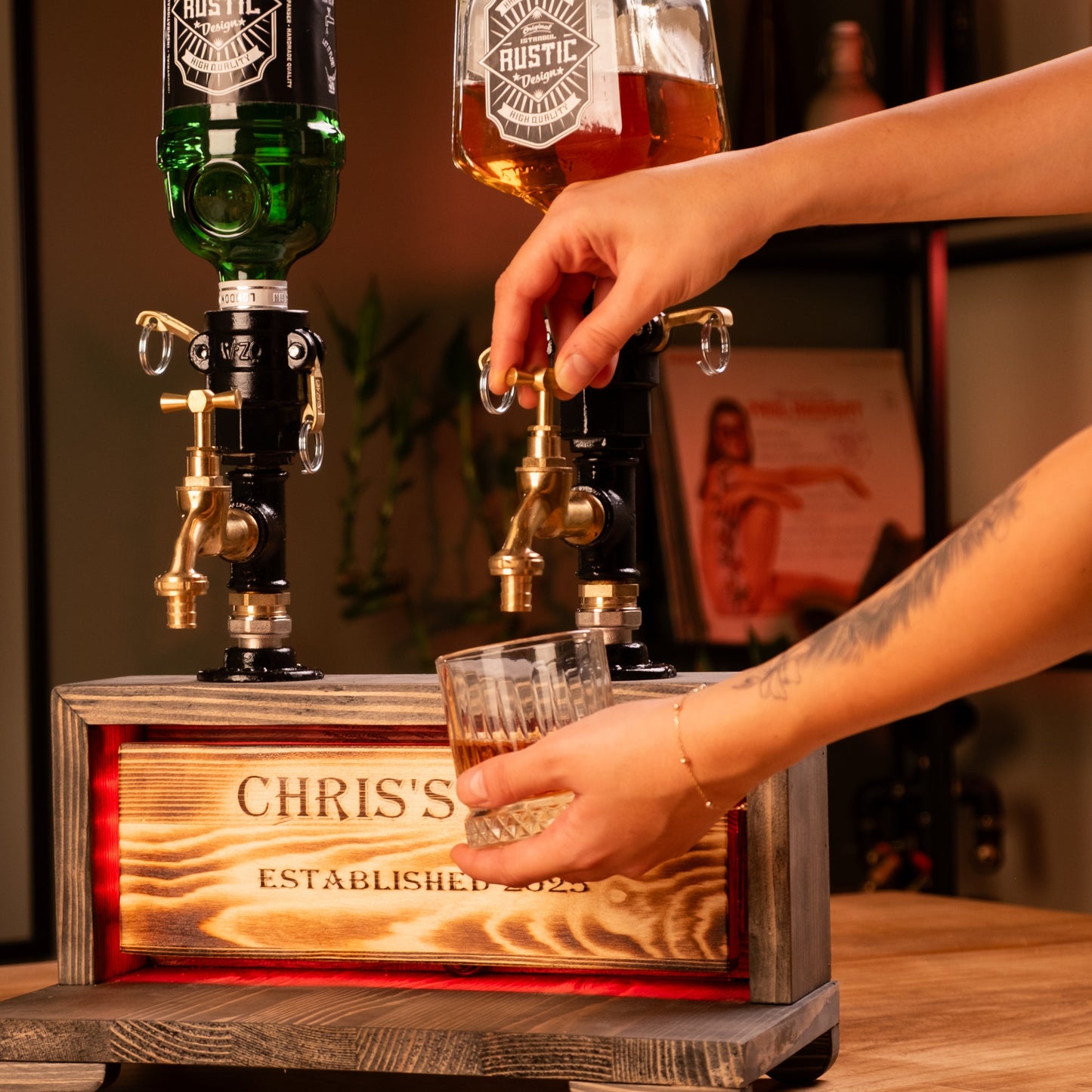 Dual-Tap Liquor Dispenser with LED Name Plate – Handmade Rustic (Personalized)