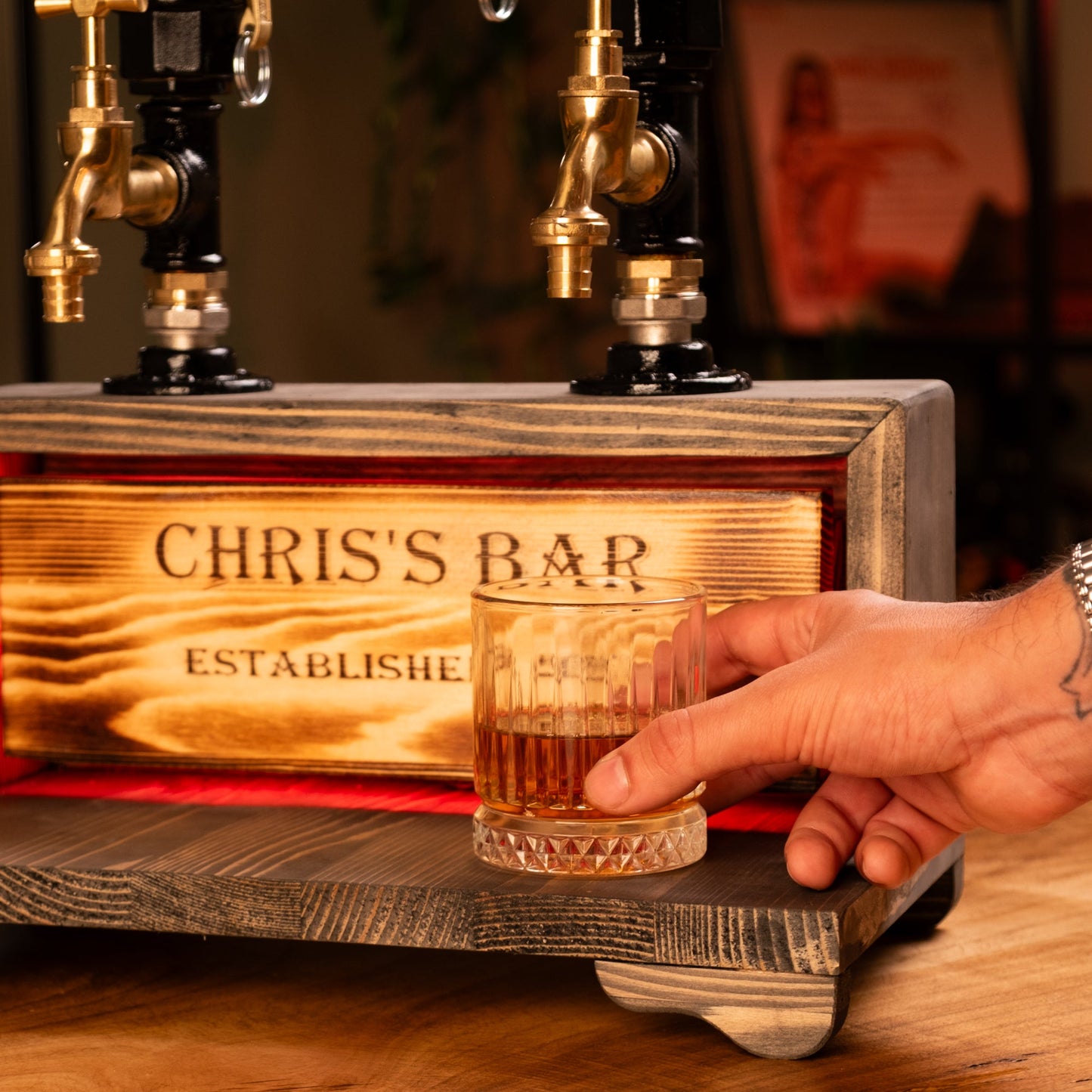 Dual-Tap Liquor Dispenser with LED Name Plate – Handmade Rustic (Personalized)