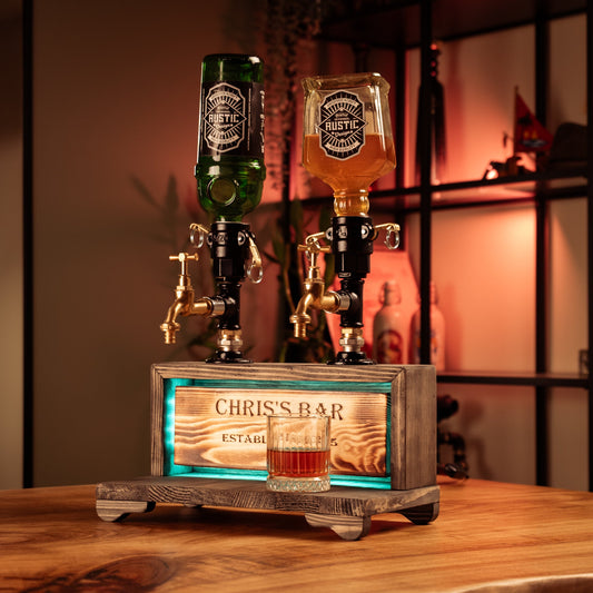 Dual-Tap Liquor Dispenser with LED Name Plate – Handmade Rustic (Personalized)
