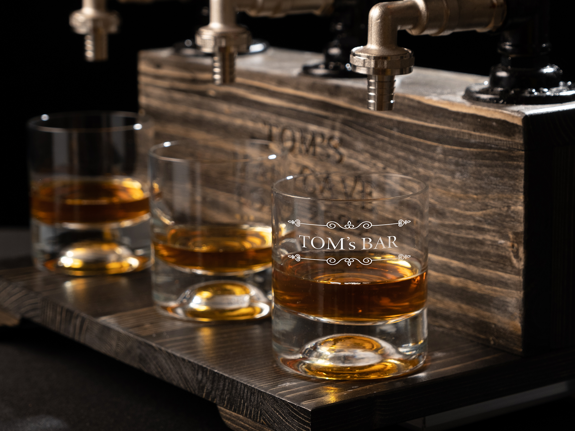 wooden beer taps: "Wooden beer taps for a rustic bar experience."