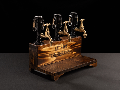 wooden beer taps: "Wooden beer taps for a rustic bar experience."