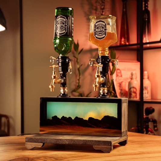 Dual-Tap Liquor Dispenser with Fireplace-Effect LED – Handmade Rustic Bar Unit