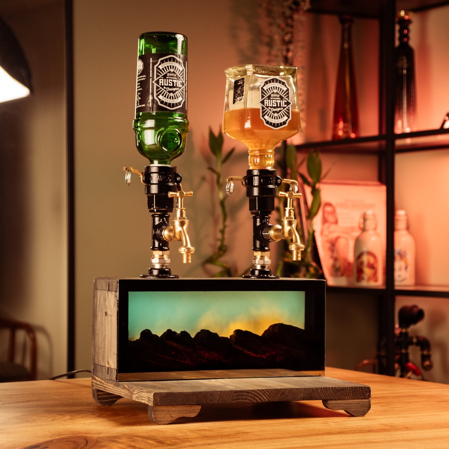 Dual-Tap Liquor Dispenser with Fireplace-Effect LED – Handmade Rustic Bar Unit