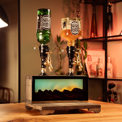 Dual-Tap Liquor Dispenser with Fireplace-Effect LED – Handmade Rustic Bar Unit
