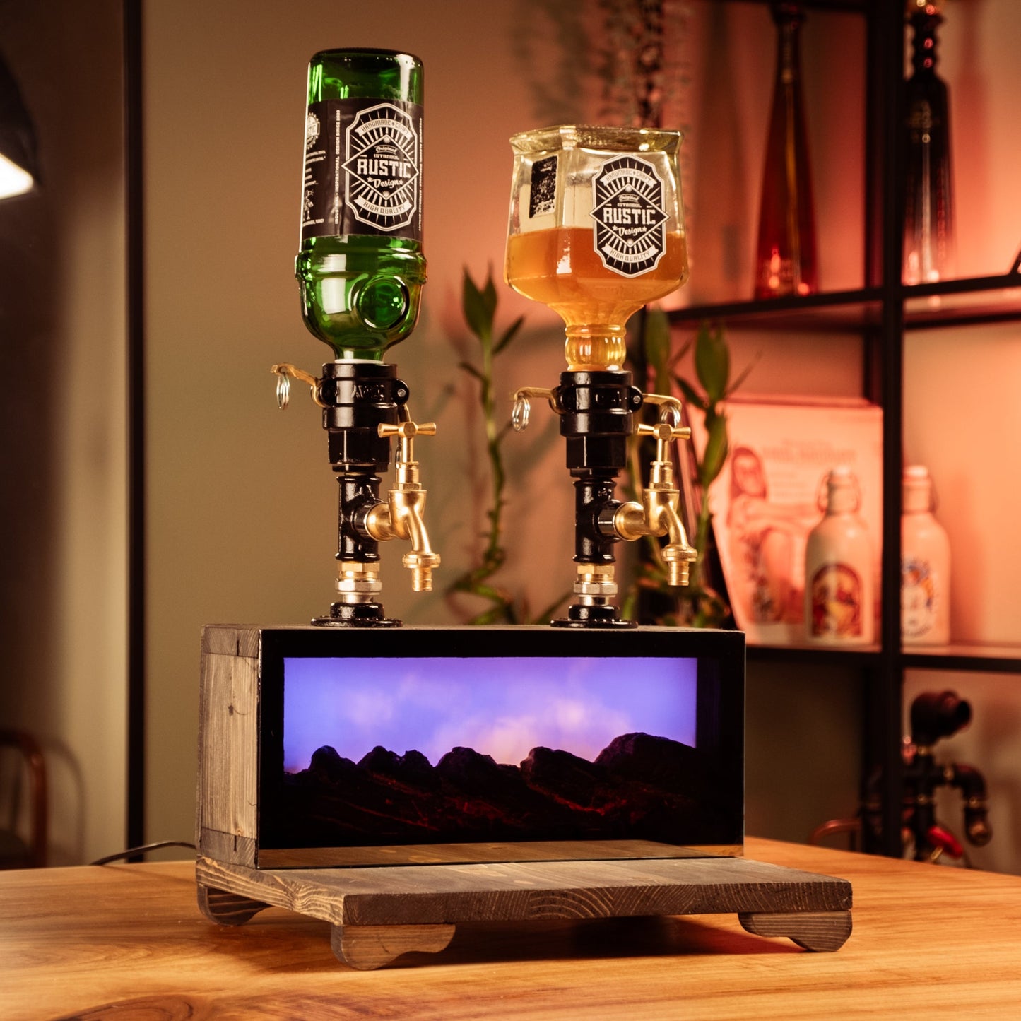 Dual-Tap Liquor Dispenser with Fireplace-Effect LED – Handmade Rustic Bar Unit