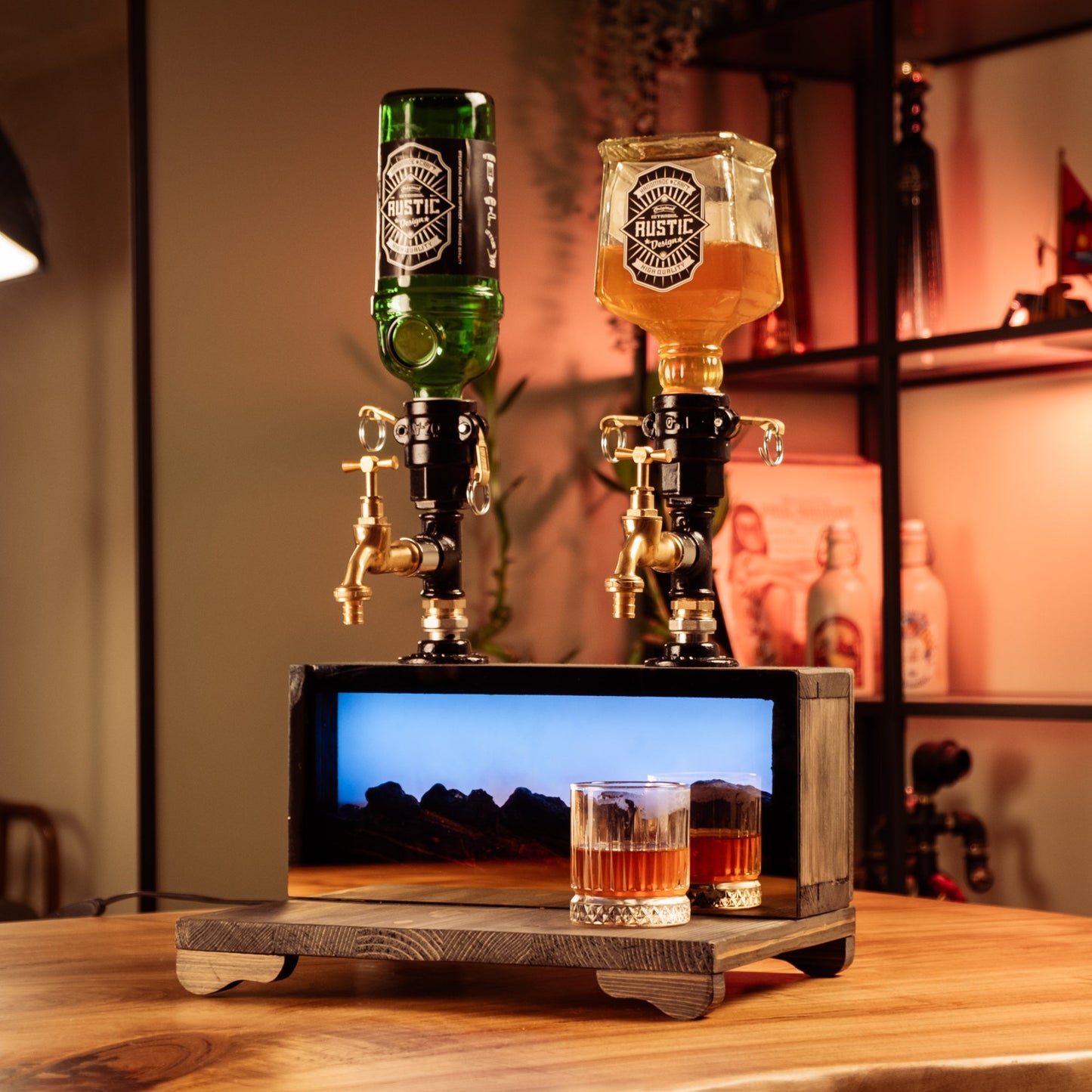 Dual-Tap Liquor Dispenser with Fireplace-Effect LED – Handmade Rustic Bar Unit