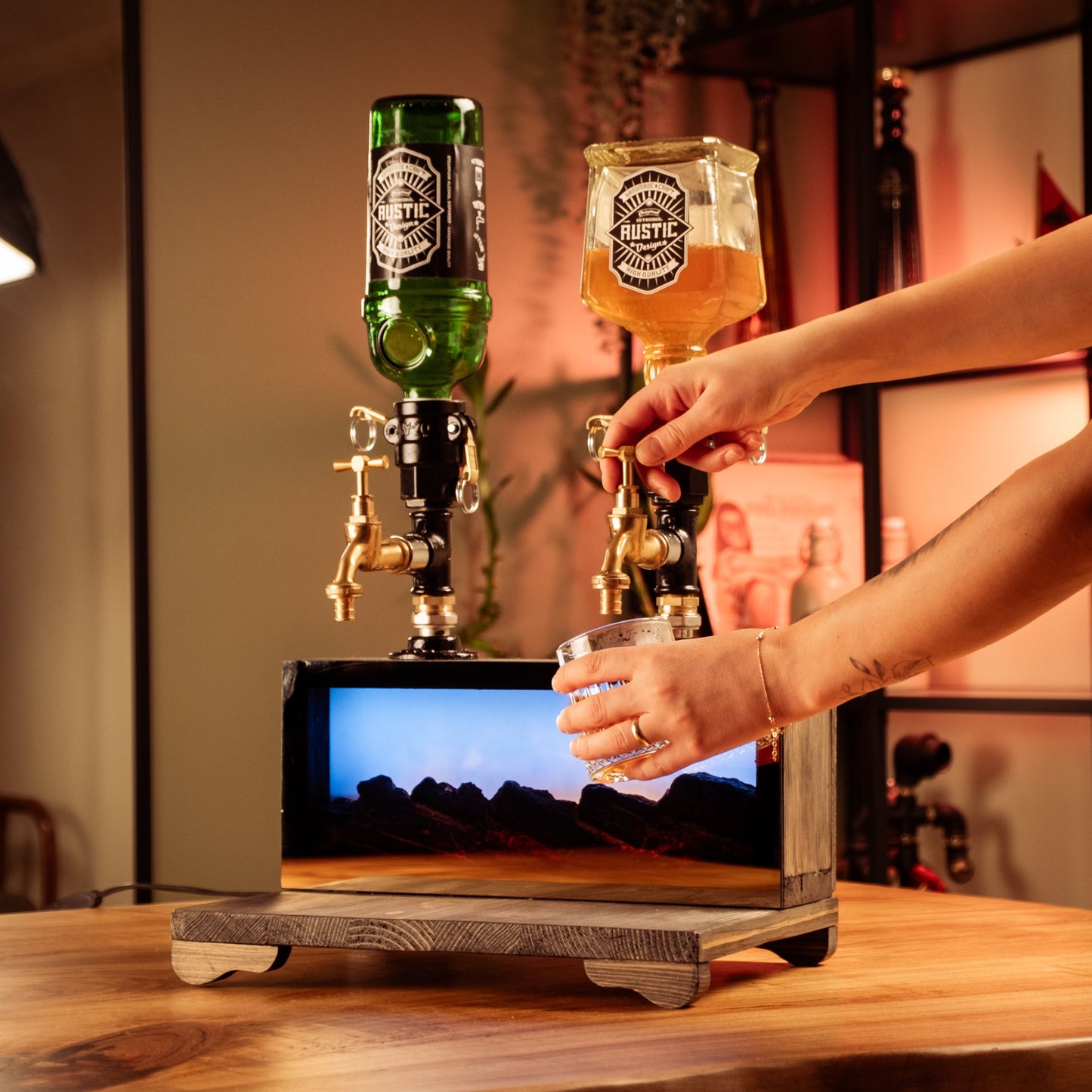 Dual-Tap Liquor Dispenser with Fireplace-Effect LED – Handmade Rustic Bar Unit