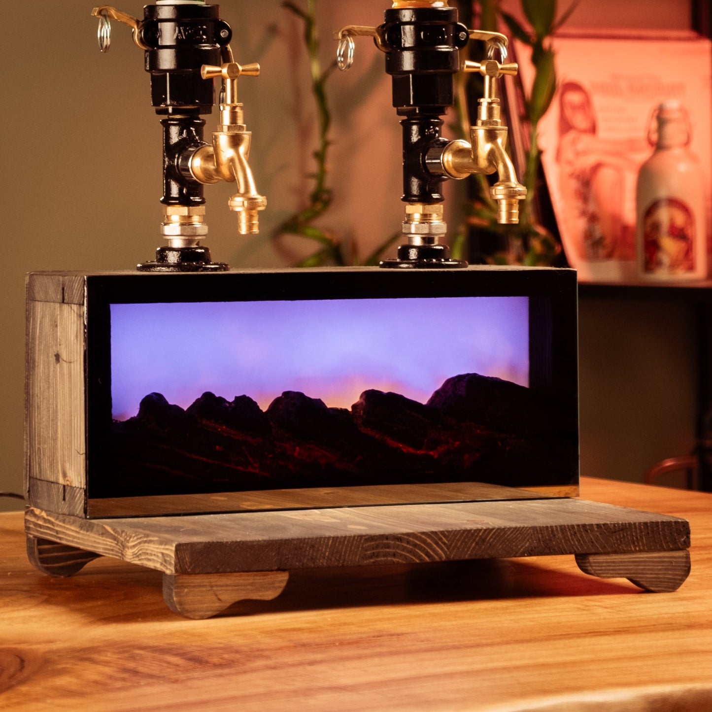 Dual-Tap Liquor Dispenser with Fireplace-Effect LED – Handmade Rustic Bar Unit